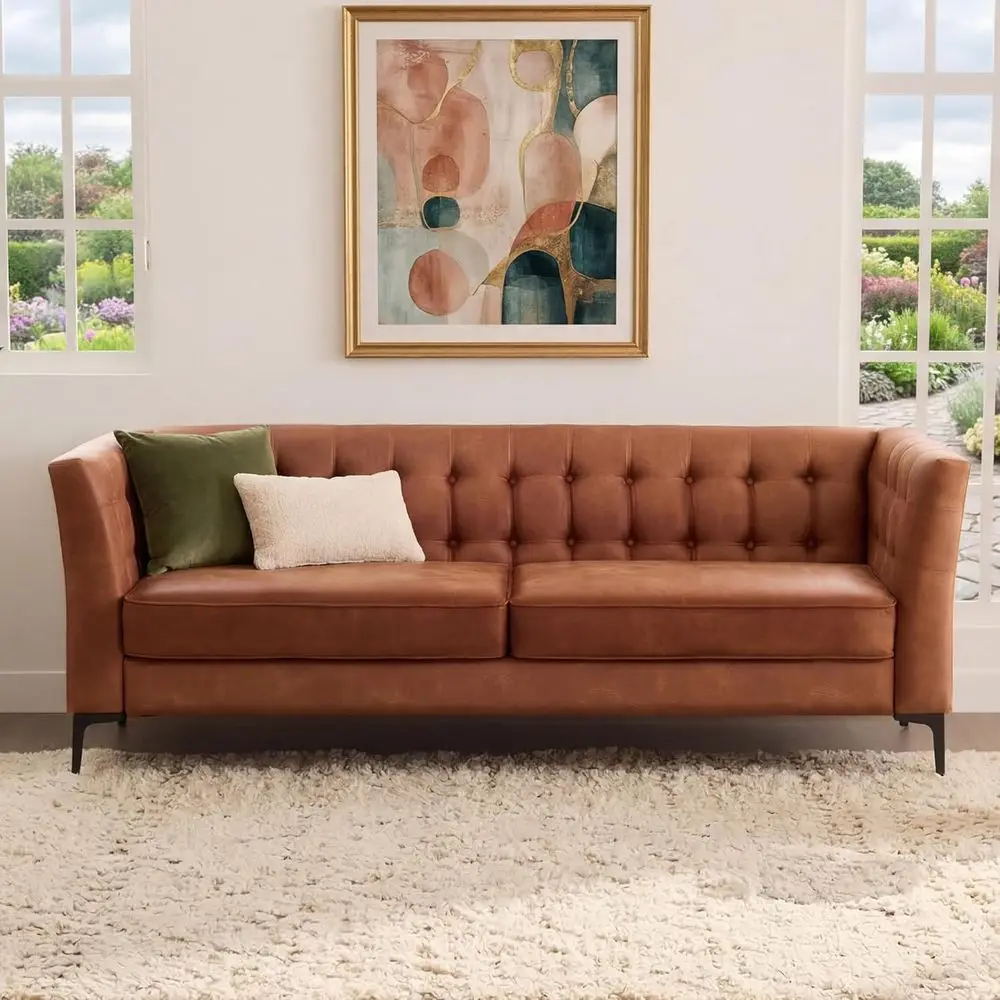 Luxury 3-Seater Leather Sofa with Button Tufted Back, Metal Legs, Ideal for Living Room or Bedroom, Camel Color
Luxury 3-Seater Leather Sofa with Button Tufted Back, Metal Legs, Ideal for Living Room or Bedroom, Camel Color