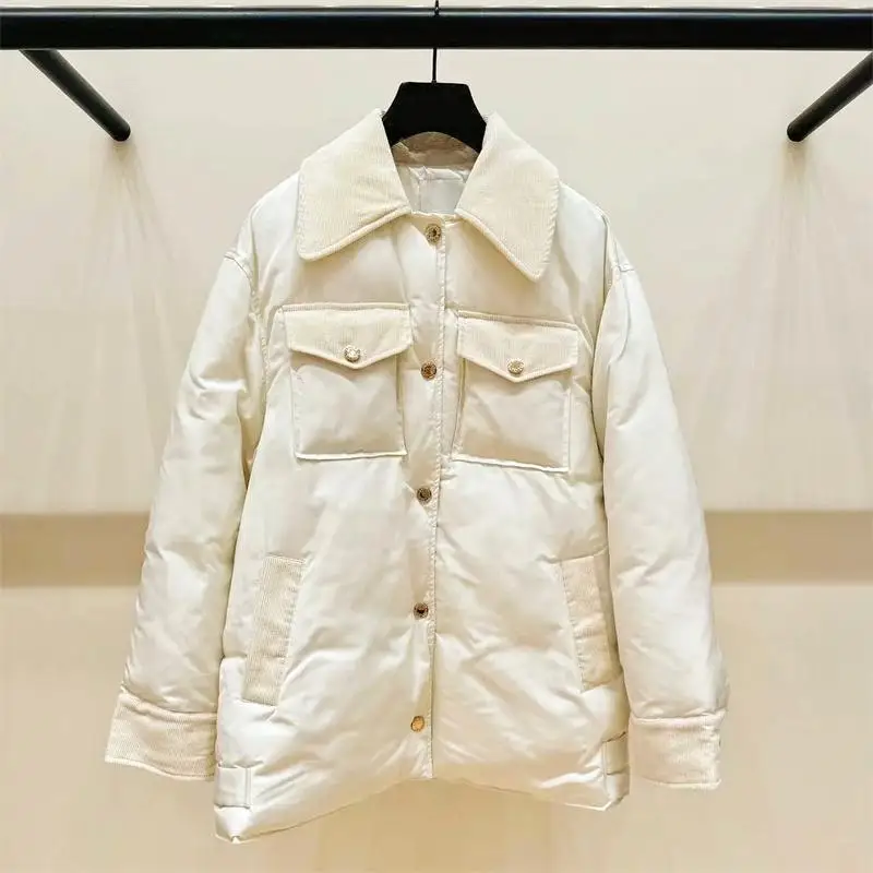 Thickened Loose Fit Cream Cotton Jacket with Collar Splicing Design Early Autumn Women's Fashion Outerwear Straight Cut Style
Thickened Loose Fit Cream Cotton Jacket with Collar Splicing Design Early Autumn Women's Fashion Outerwear Straight Cut Style