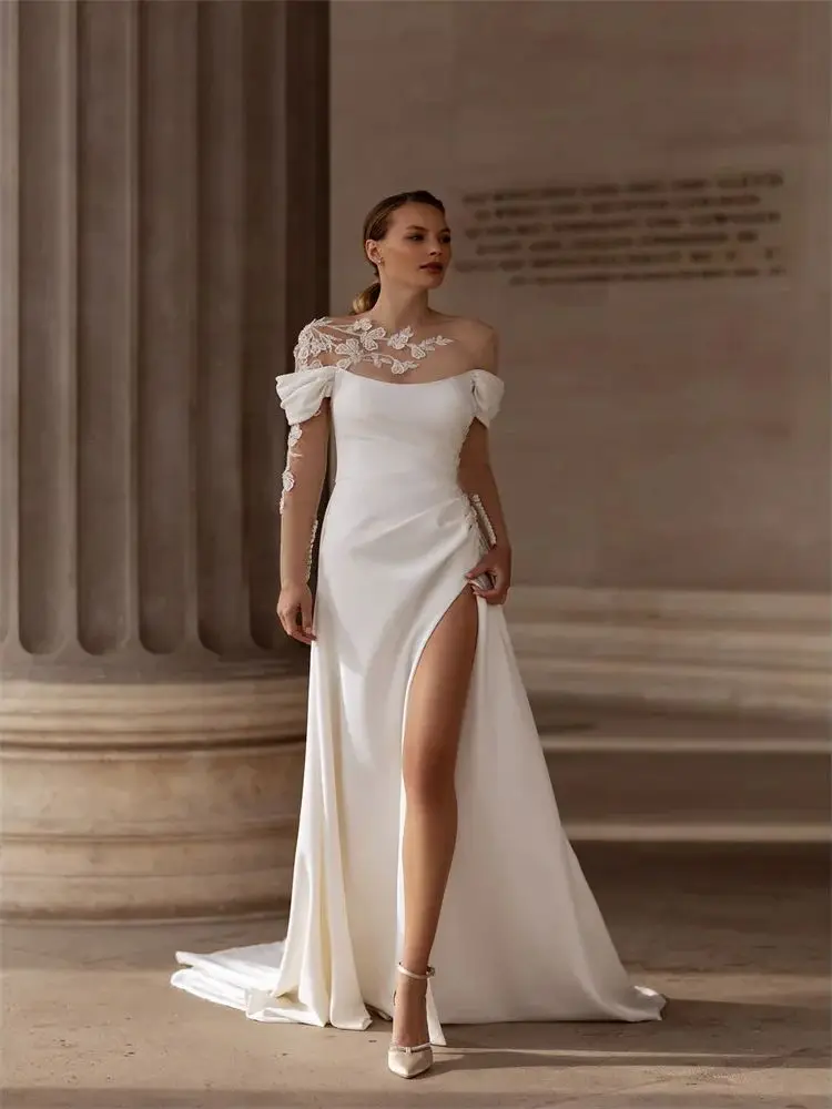 Customized Off Shoulder Scoop Neckline Satin Mermaid Wedding Dress Elegant Back Zipper Floor Length High Slit Gown For Bride
Customized Off Shoulder Scoop Neckline Satin Mermaid Wedding Dress Elegant Back Zipper Floor Length High Slit Gown For Bride