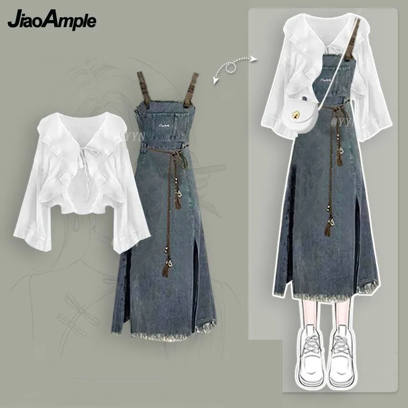 Women's 2025 Summer New Vintage Denim Skirt Matching Set Korean Elegant Chiffon Sunscreen Cardigan+Strap Dress Two Piece Suit
Women's 2025 Summer New Vintage Denim Skirt Matching Set Korean Elegant Chiffon Sunscreen Cardigan+Strap Dress Two Piece Suit