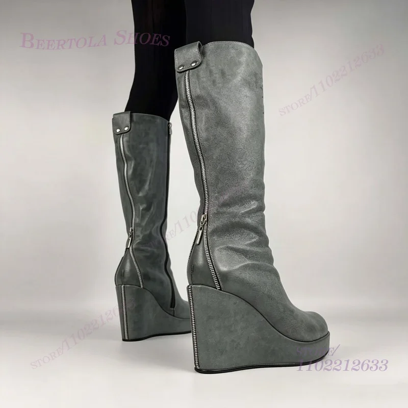 Silver Grey Matte Wedge Boots Women Zip Back Heel Platform Round Toe Knee Length Casual Booties Stretch Fabric Leather Shoes
Silver Grey Matte Wedge Boots Women Zip Back Heel Platform Round Toe Knee Length Casual Booties Stretch Fabric Leather Shoes