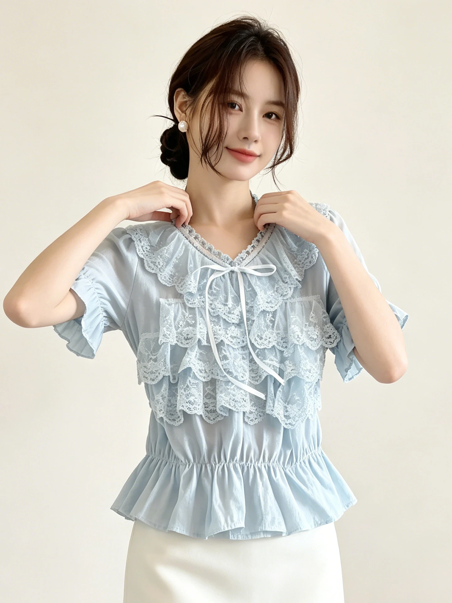 Sweet Style Lace Splice Short Sleeve V-Neck Women's Shirt Summer Slimming Waist-Cinching Tie-Belted Top with Pleated Hemline
Sweet Style Lace Splice Short Sleeve V-Neck Women's Shirt Summer Slimming Waist-Cinching Tie-Belted Top with Pleated Hemline