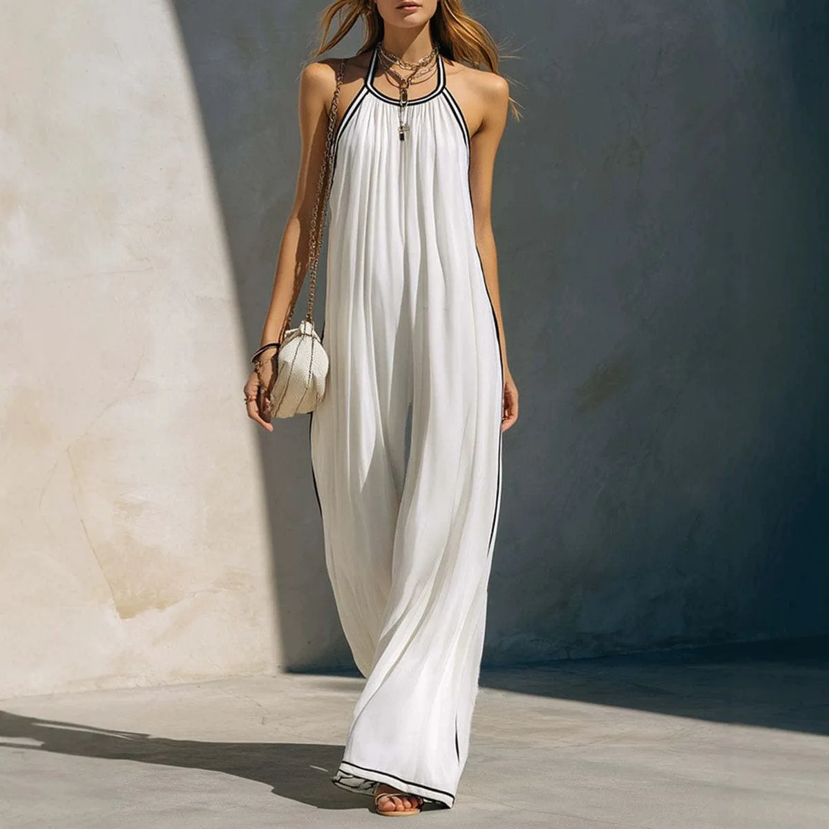 Women's Summer Jumpsuit Sleeveless Halter Neck Wide Leg Pants Romper Black Solid Color Mid Waist White Contrast Trim
Women's Summer Jumpsuit Sleeveless Halter Neck Wide Leg Pants Romper Black Solid Color Mid Waist White Contrast Trim
