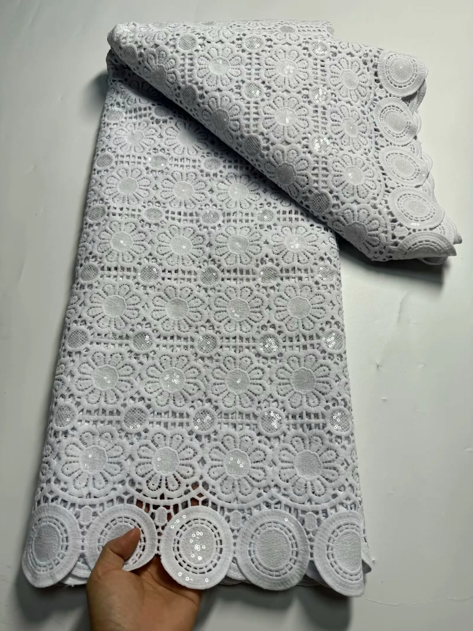 White Lace Fabric With Sequins African French Guipure Cord Lace Fabrics For Party Dress, 5 Yards
White Lace Fabric With Sequins African French Guipure Cord Lace Fabrics For Party Dress, 5 Yards