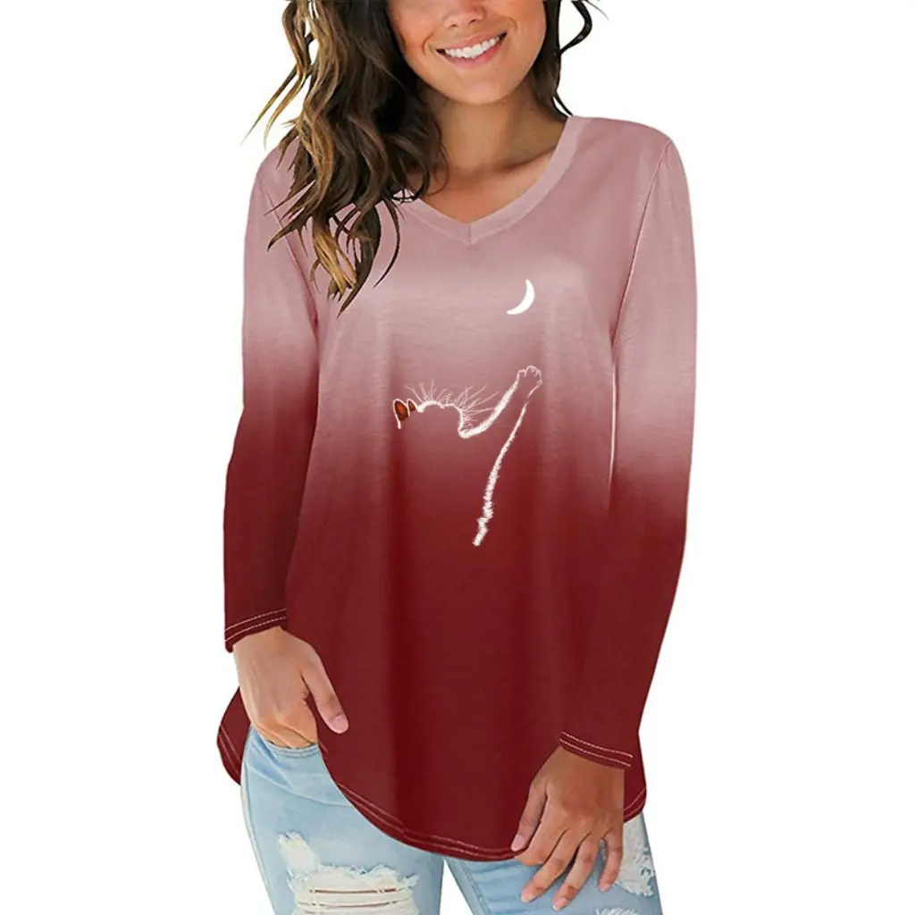 Women's Gradient Cat Print V-neck Long Sleeve T-shirt Irregular Hem European And American Style by
Women's Gradient Cat Print V-neck Long Sleeve T-shirt Irregular Hem European And American Style by