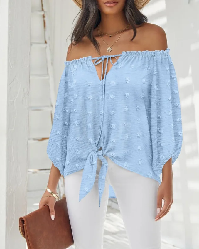 Women's Sweet T-Shirt 2025 Spring Summer Latest Jacquard Polka Dot Off The Shoulder Long Sleeve Top Casual Tied Detail Blouse
Women's Sweet T-Shirt 2025 Spring Summer Latest Jacquard Polka Dot Off The Shoulder Long Sleeve Top Casual Tied Detail Blouse
