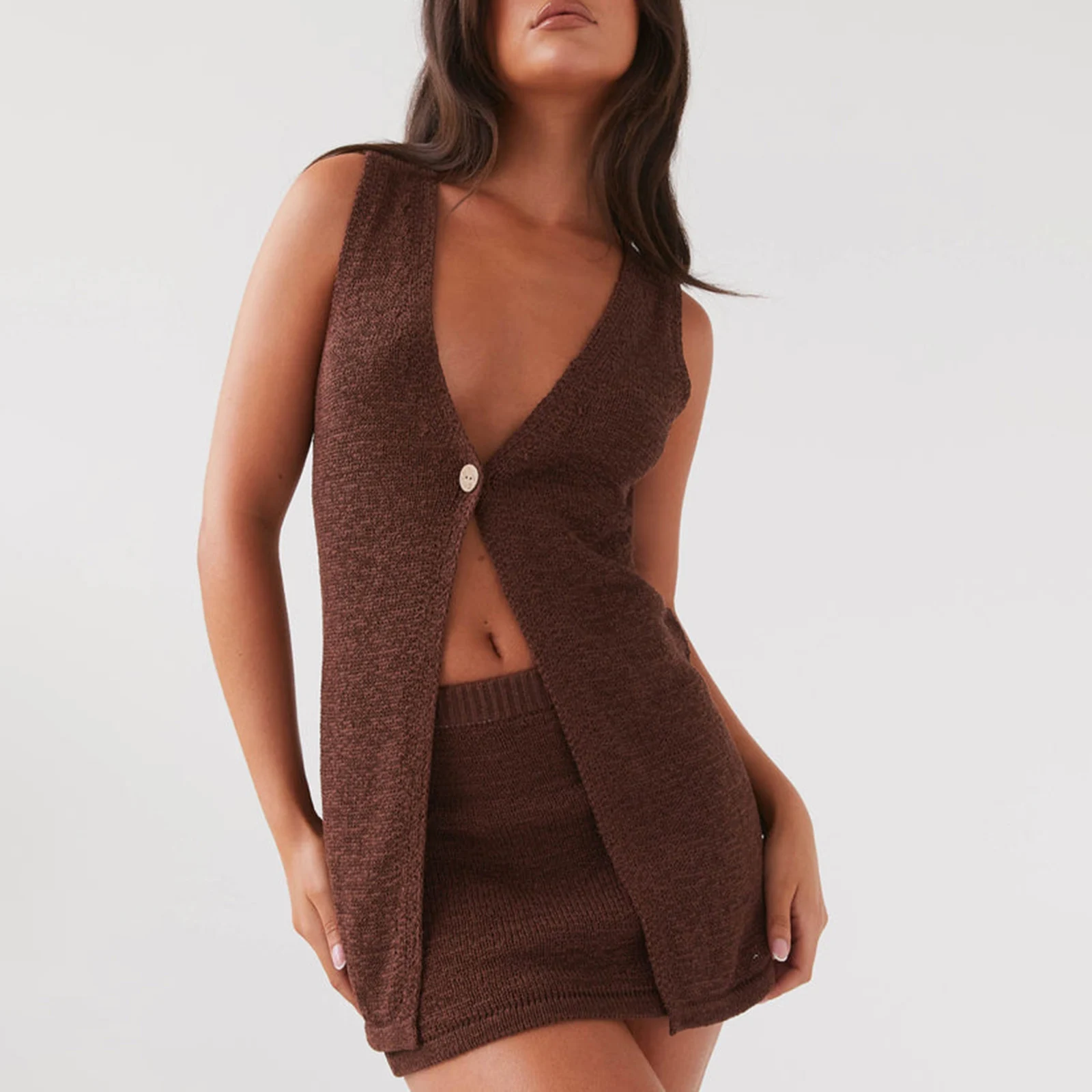 Combhasaki Women 2Piece Knitted Outfits Set Solid Color Deep V Neck Sleeveless Open Front Tank Tops + Elastic Waist Short Skirt
Combhasaki Women 2Piece Knitted Outfits Set Solid Color Deep V Neck Sleeveless Open Front Tank Tops + Elastic Waist Short Skirt