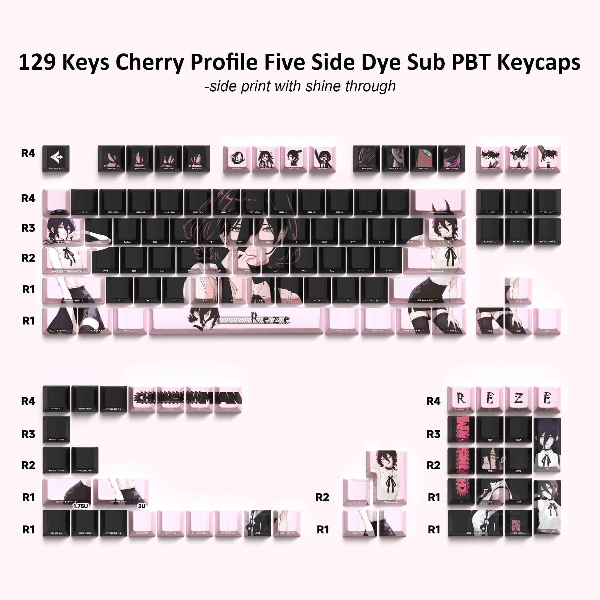 129 Keys Custom Anime Side-lit Shine Through Keycaps Dye Sublimation PBT Keycap Cherry Profile for MX Switches Gaming Keyboard
129 Keys Custom Anime Side-lit Shine Through Keycaps Dye Sublimation PBT Keycap Cherry Profile for MX Switches Gaming Keyboard