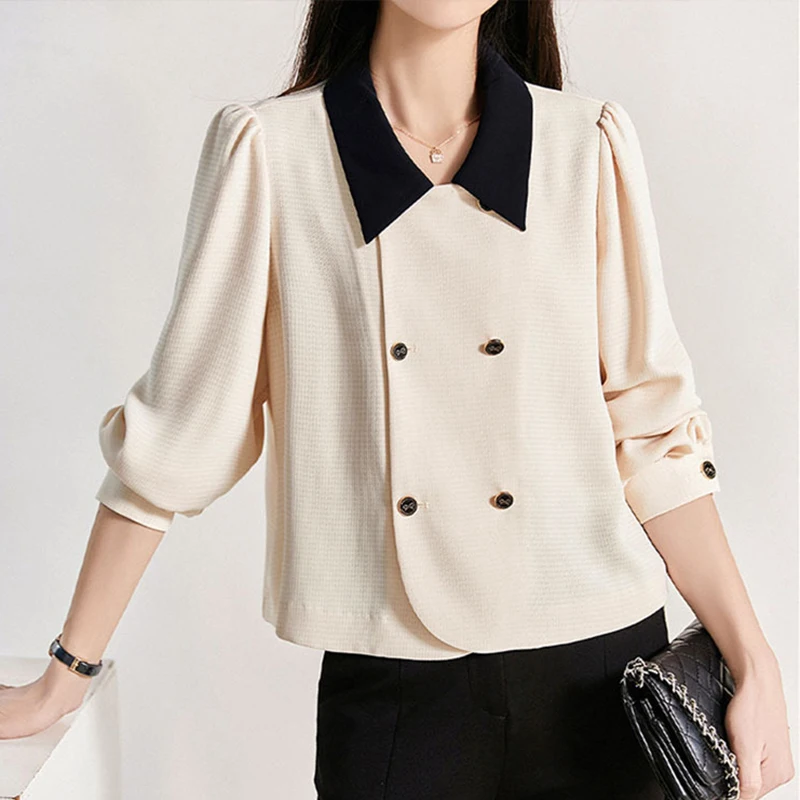 Apricot Blouse 2023 Autumn Women Fashion Patchwork Lapel Long Sleeve Loose Shirts Ladies Vintage Double Breasted French Crop Top
Apricot Blouse 2023 Autumn Women Fashion Patchwork Lapel Long Sleeve Loose Shirts Ladies Vintage Double Breasted French Crop Top