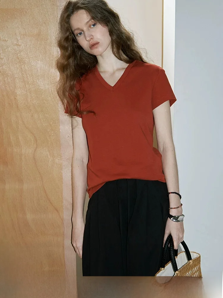 Retro Double-Sided Cotton V-Neck Short Sleeve T-Shirt Loose Basic Color Summer Top for Women Casual Straight Cut Knitted
Retro Double-Sided Cotton V-Neck Short Sleeve T-Shirt Loose Basic Color Summer Top for Women Casual Straight Cut Knitted