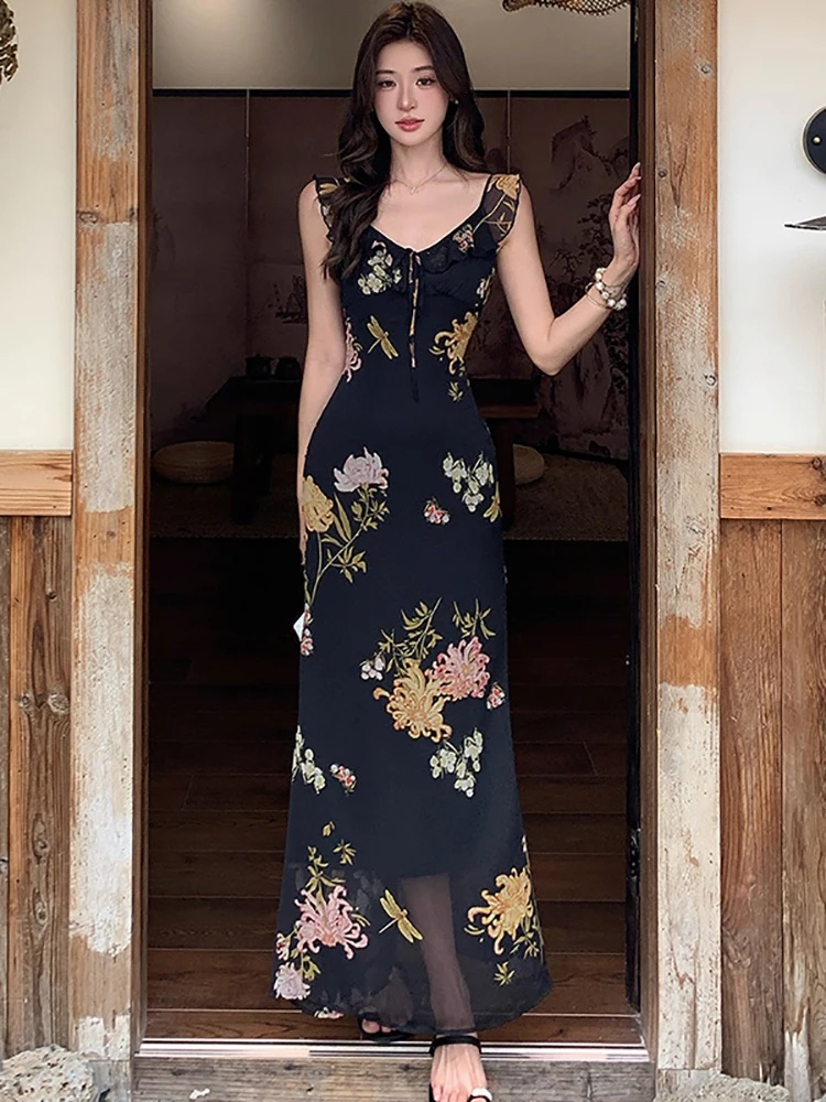 Women Korean Vintage Luxury Party Dress Summer Black Floral Bow Ruffled V-Neck Sling Dress 2026 Elegant Bodycon Festival Dresses
Women Korean Vintage Luxury Party Dress Summer Black Floral Bow Ruffled V-Neck Sling Dress 2026 Elegant Bodycon Festival Dresses
