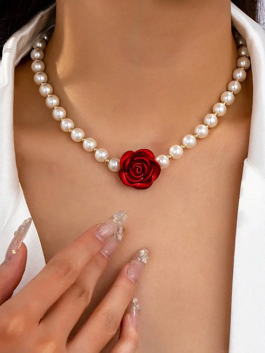 Red Rose Pendant Pearl Choker Necklace For Women Vintage Fashion Jewelry
Red Rose Pendant Pearl Choker Necklace For Women Vintage Fashion Jewelry