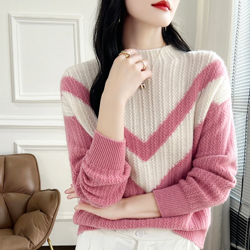Fashion color blocked knitted women's semi high neck pullover sweater, spring and autumn long sleeved women's new 100% wool swea
Fashion color blocked knitted women's semi high neck pullover sweater, spring and autumn long sleeved women's new 100% wool swea