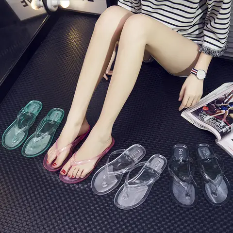 Hot Transparent Beach Sandals Korean Version Female Jelly Crystal Clip On Flip Flops Summer Student Outfit Leisure Flat Bottom