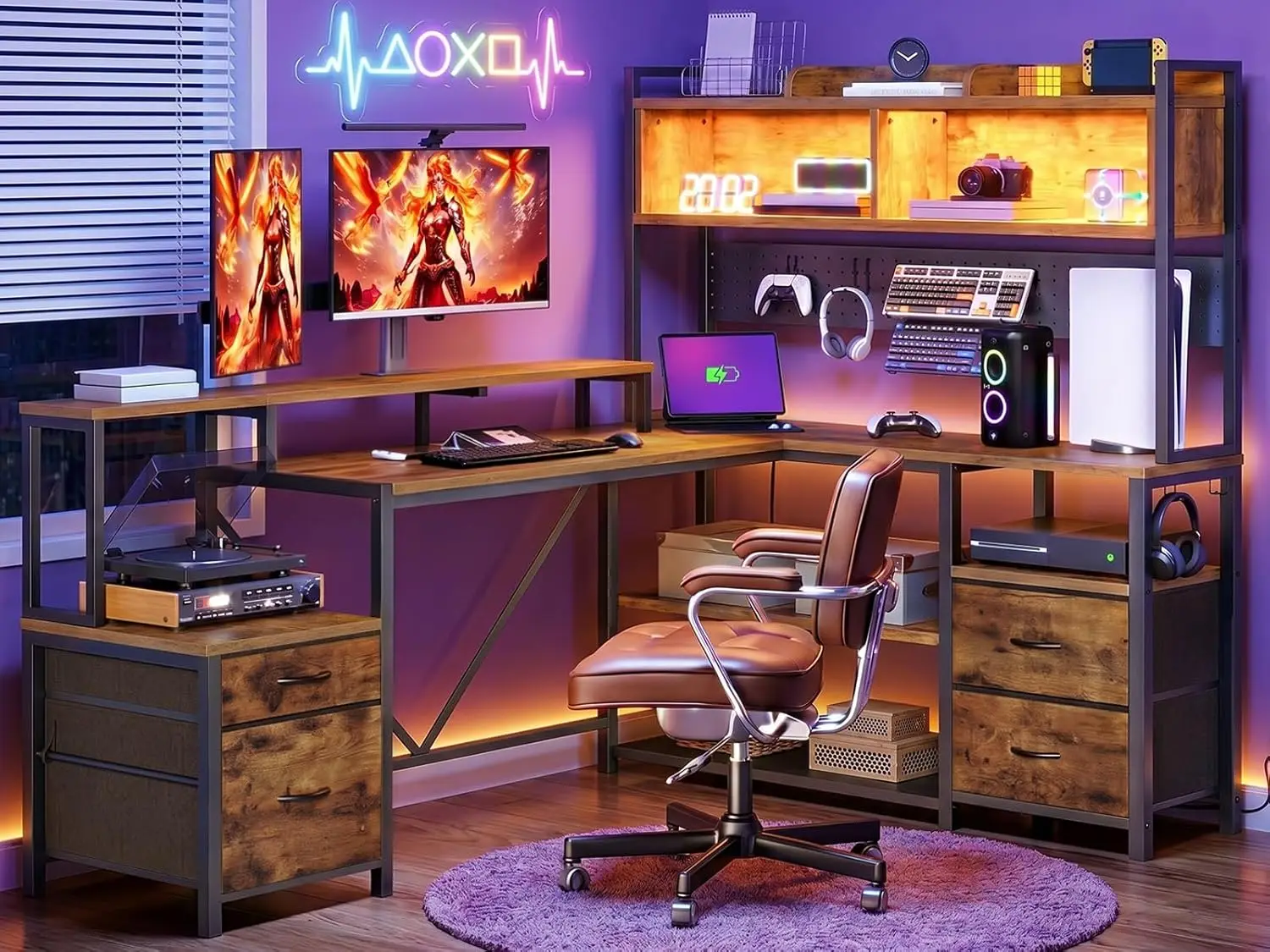 75" L Shaped Gaming Desk With Hutch, L Shaped Desk With Drawers, LED Light, Power Outlets & Pegboard, Corner Desk, Customized
75" L Shaped Gaming Desk With Hutch, L Shaped Desk With Drawers, LED Light, Power Outlets & Pegboard, Corner Desk, Customized