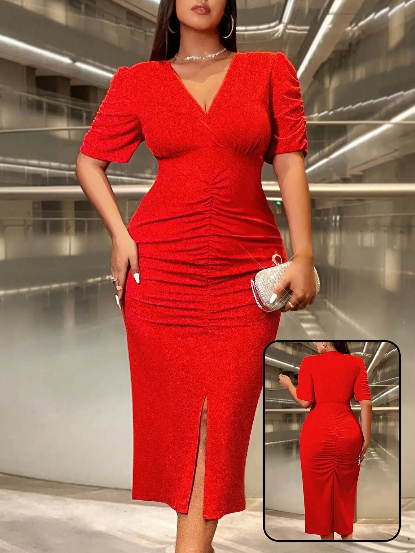 Красное облегающее платье с V-образным вырезом, короткими рукавами, драпировкой и разрезом спереди
Красное облегающее платье с V-образным вырезом, короткими рукавами, драпировкой и разрезом спереди