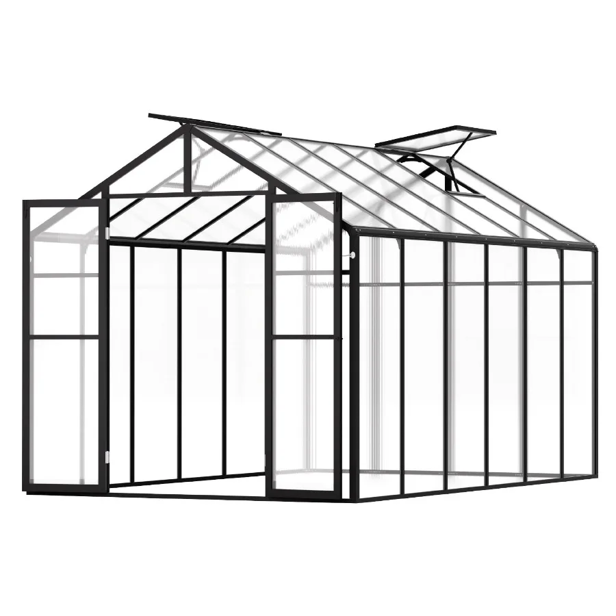 Outdoor garden greenhouse for backyard use, polycarbonate material, green color, large walk-in pavilion style with 2 vent windo
Outdoor garden greenhouse for backyard use, polycarbonate material, green color, large walk-in pavilion style with 2 vent windo
