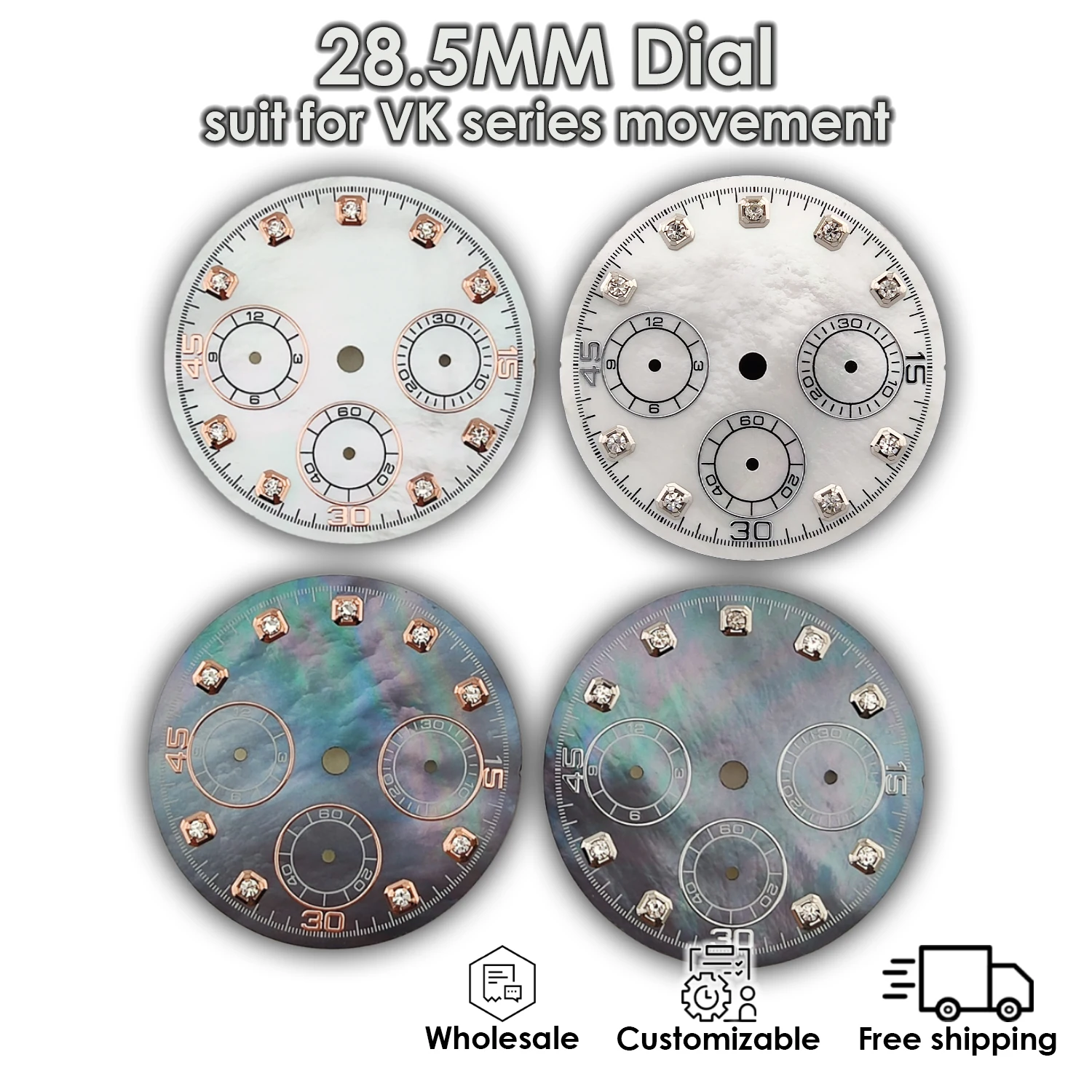 VK63 dial 29MM watch dial Diamond Indexes Shell surface Refit accessory suit for VK series movement Wholesale Customizable
VK63 dial 29MM watch dial Diamond Indexes Shell surface Refit accessory suit for VK series movement Wholesale Customizable