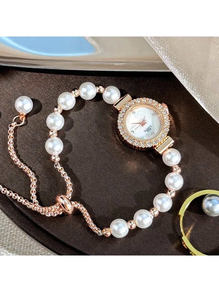 1pc Women's Rose Gold & White Bead Ladylike Style Quartz Watch, Delicate Crystal-Encrusted Case, Minimalist Mother-Of-Pearl
1pc Women's Rose Gold & White Bead Ladylike Style Quartz Watch, Delicate Crystal-Encrusted Case, Minimalist Mother-Of-Pearl