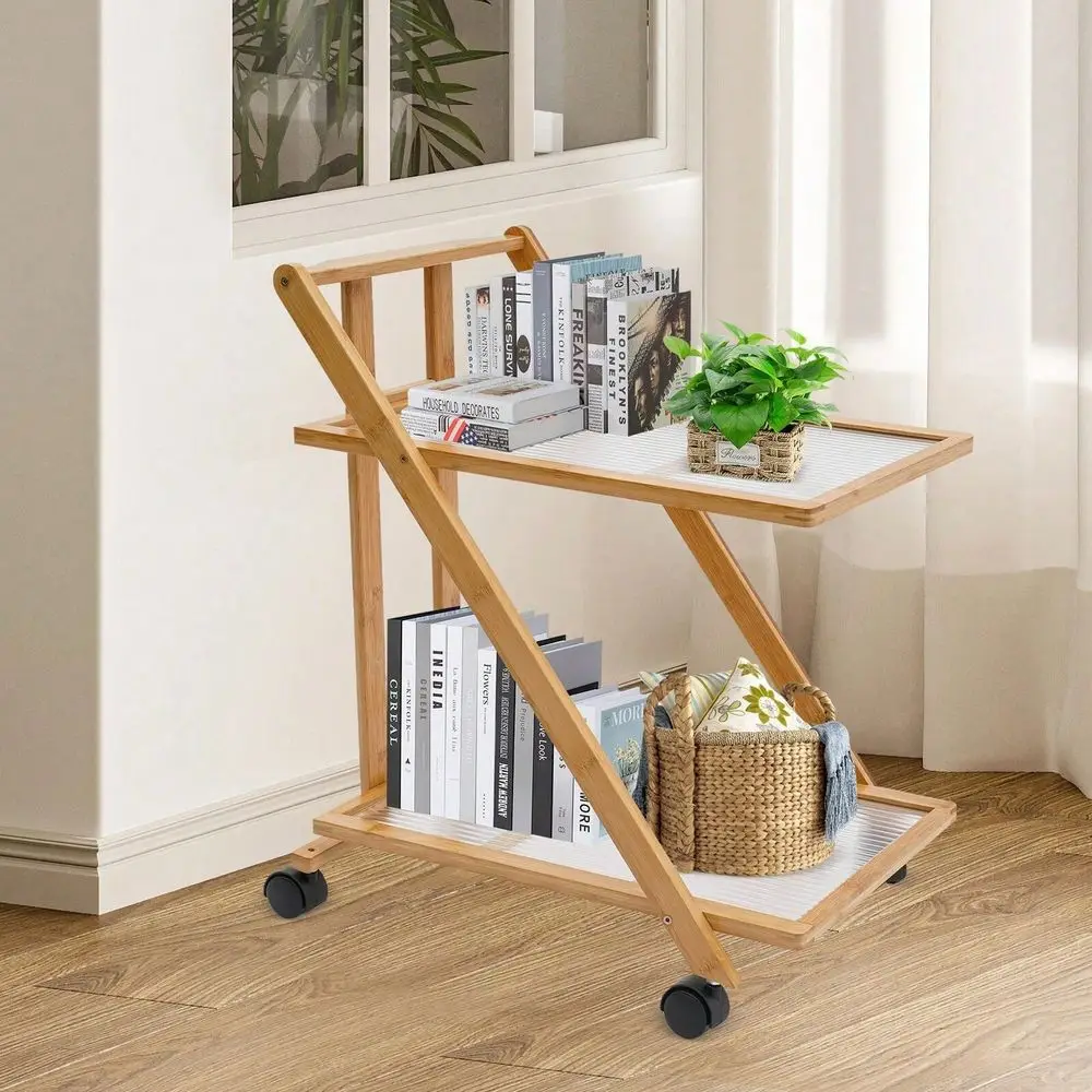 2Tier Bamboo Acrylic Rolling Storage Rack With 4 Wheels 2 Brakes SpaceSaving Triangular Stable Shelves, Folds Flat For Kitchen
2Tier Bamboo Acrylic Rolling Storage Rack With 4 Wheels 2 Brakes SpaceSaving Triangular Stable Shelves, Folds Flat For Kitchen