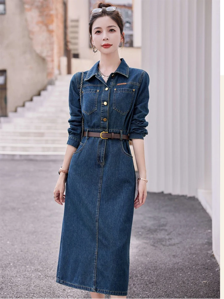 Fashion Autumn Women Denim Dress Elegant French Turn Down Collar Long Sleeved Mid-Length Jean Dress Office Lady Clothing
Fashion Autumn Women Denim Dress Elegant French Turn Down Collar Long Sleeved Mid-Length Jean Dress Office Lady Clothing