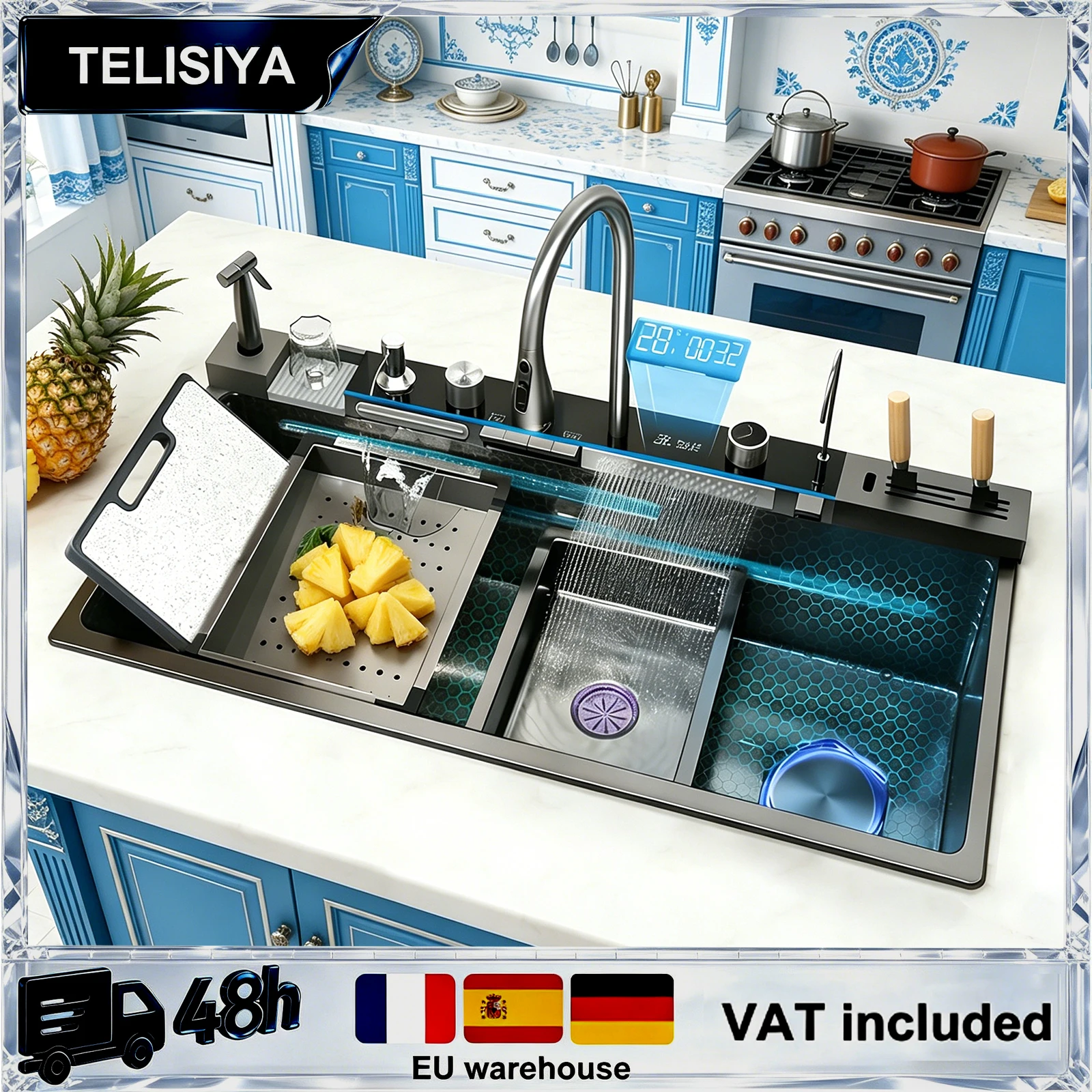 Waterfall Stainless Steel Kitchen Sink Wash Dish Basin Multifunctional With Digital Display Faucet Cup Washer Large Single Slot
Waterfall Stainless Steel Kitchen Sink Wash Dish Basin Multifunctional With Digital Display Faucet Cup Washer Large Single Slot