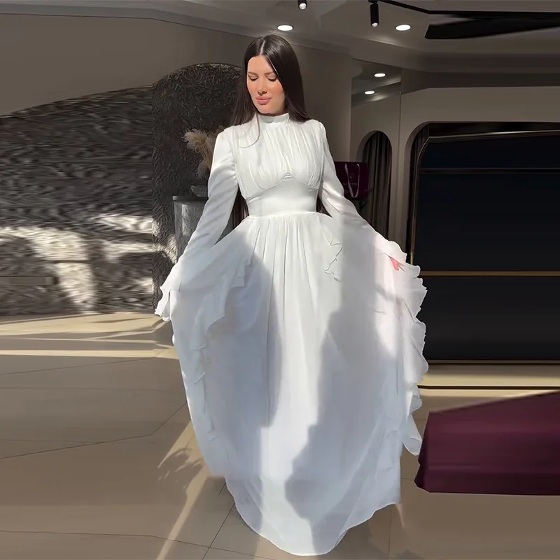 White New Evening Gowns Splicing Chiffon Ruffle Long Sleeve Prom Dress Unisex Jersey Retro Dubai Saudi Arabic Party Robes
White New Evening Gowns Splicing Chiffon Ruffle Long Sleeve Prom Dress Unisex Jersey Retro Dubai Saudi Arabic Party Robes