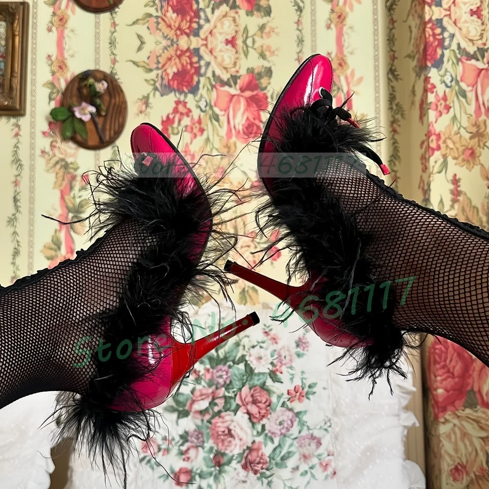 Rose Red Round Toe Pumps Women Classy Black Flowing Feather Trim Stiletto High Heels Front Cross Tied Mixed Color Party Pumps
Rose Red Round Toe Pumps Women Classy Black Flowing Feather Trim Stiletto High Heels Front Cross Tied Mixed Color Party Pumps