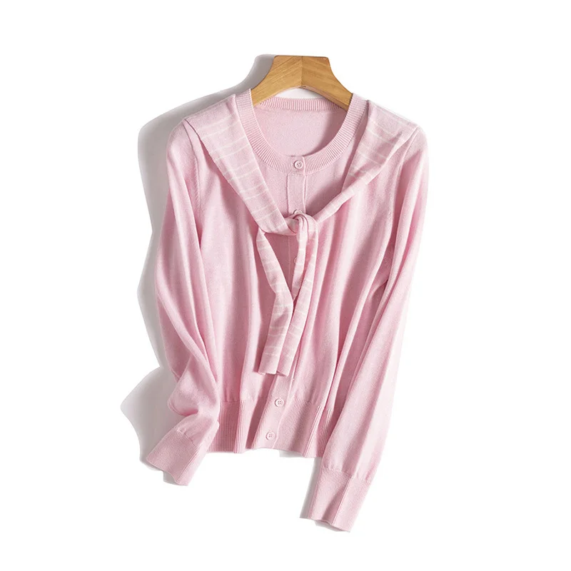 Color-Block Striped Shawl Knitted Cardigan Women Spring 32%Wool Blend Round Neck Single Breasted Sweater
Color-Block Striped Shawl Knitted Cardigan Women Spring 32%Wool Blend Round Neck Single Breasted Sweater