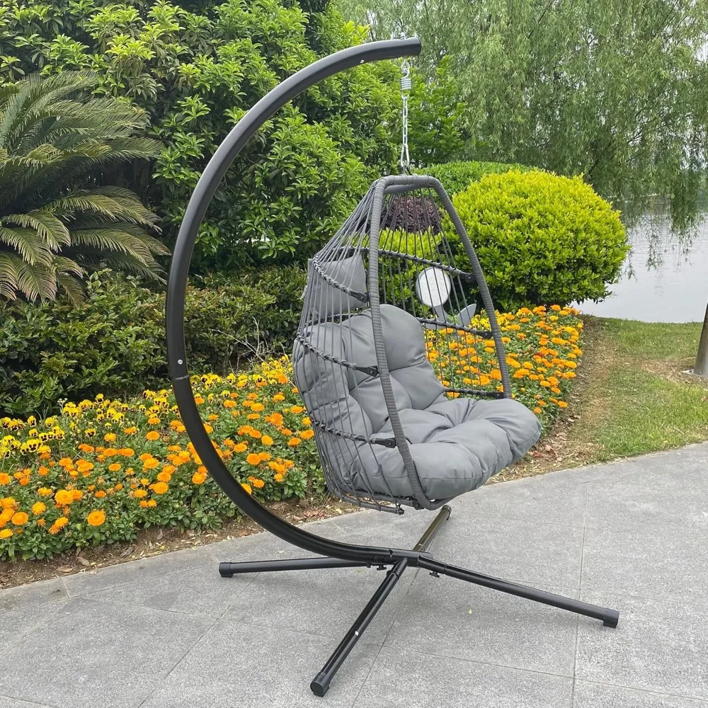 Outdoor Patio Rattan Swing Hammock Egg Chair with C Type Bracket, with Cushion and Pillow Grey
Outdoor Patio Rattan Swing Hammock Egg Chair with C Type Bracket, with Cushion and Pillow Grey