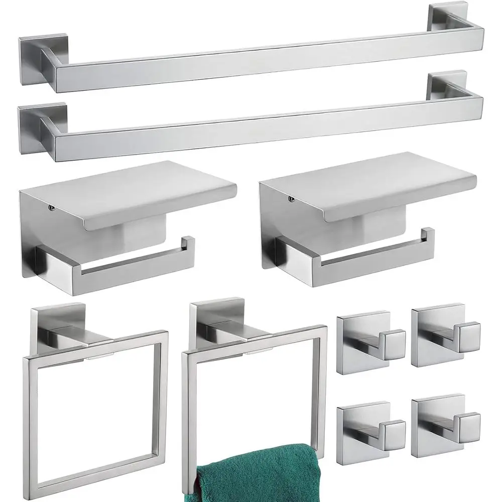24 Inch Brushed Nickel Towel Bar Set with 2 Bars, 2 Holders, 2 Tissue Holders, and 4 Hooks
24 Inch Brushed Nickel Towel Bar Set with 2 Bars, 2 Holders, 2 Tissue Holders, and 4 Hooks