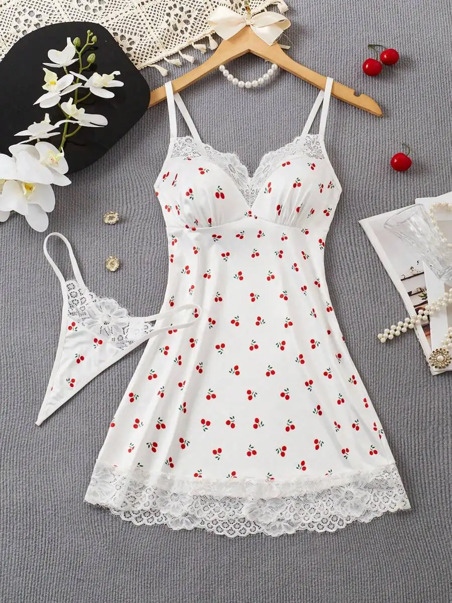 Cherry Print Lace Trim Sleepwear Set - White Slip Dress & Thong
Cherry Print Lace Trim Sleepwear Set - White Slip Dress & Thong