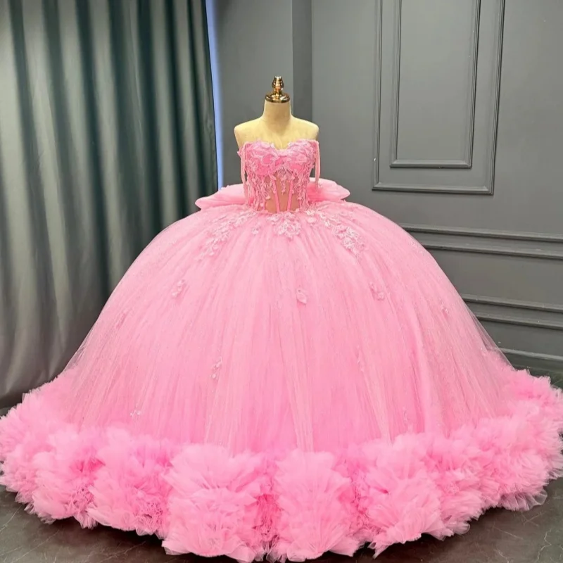 Pink Quinceanera Dresses Off the Shoulder Crystal Decal Long tail Lace Ruffles Flower Bow Vestido De 15 Quinceanera Customize
Pink Quinceanera Dresses Off the Shoulder Crystal Decal Long tail Lace Ruffles Flower Bow Vestido De 15 Quinceanera Customize