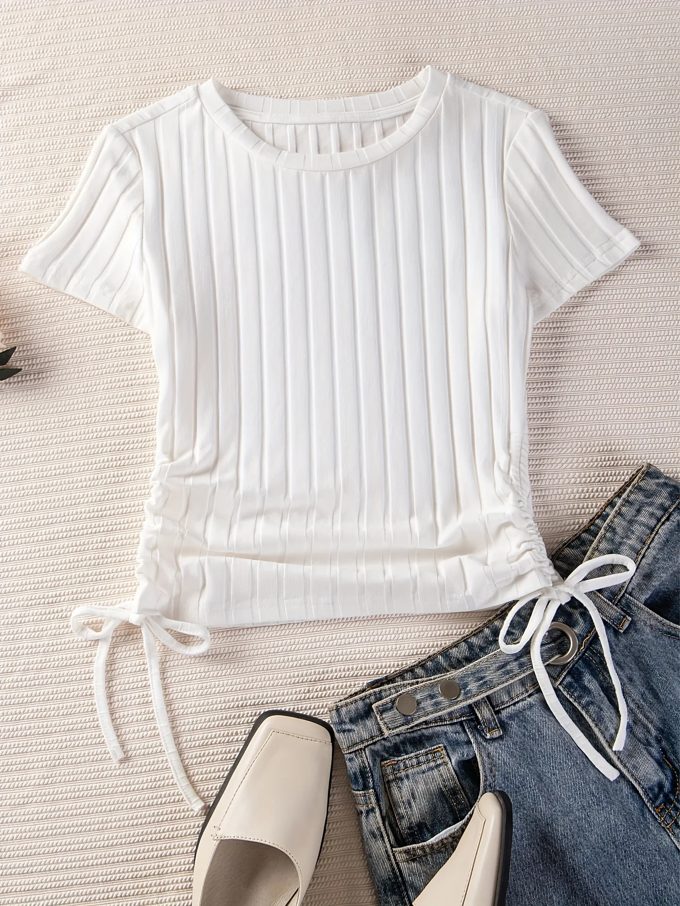Solid Ribbed Drawstring Side T-shirt Casual Short Sleeve Crew Neck Top Women's Clothing
Solid Ribbed Drawstring Side T-shirt Casual Short Sleeve Crew Neck Top Women's Clothing