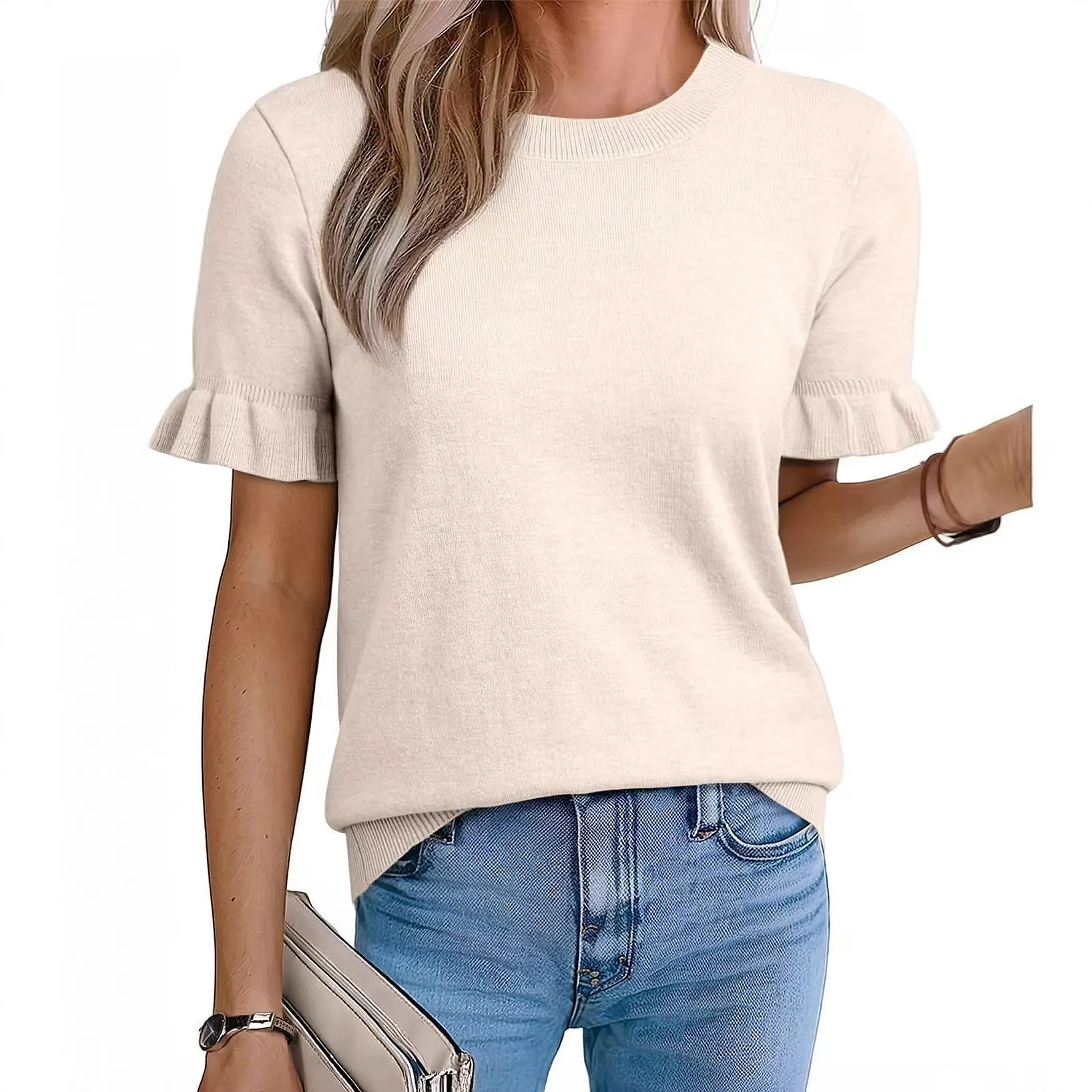Solid Color Bubble Sleeve Knit Top Blouse Tee Spring Summer Tops Women
Solid Color Bubble Sleeve Knit Top Blouse Tee Spring Summer Tops Women