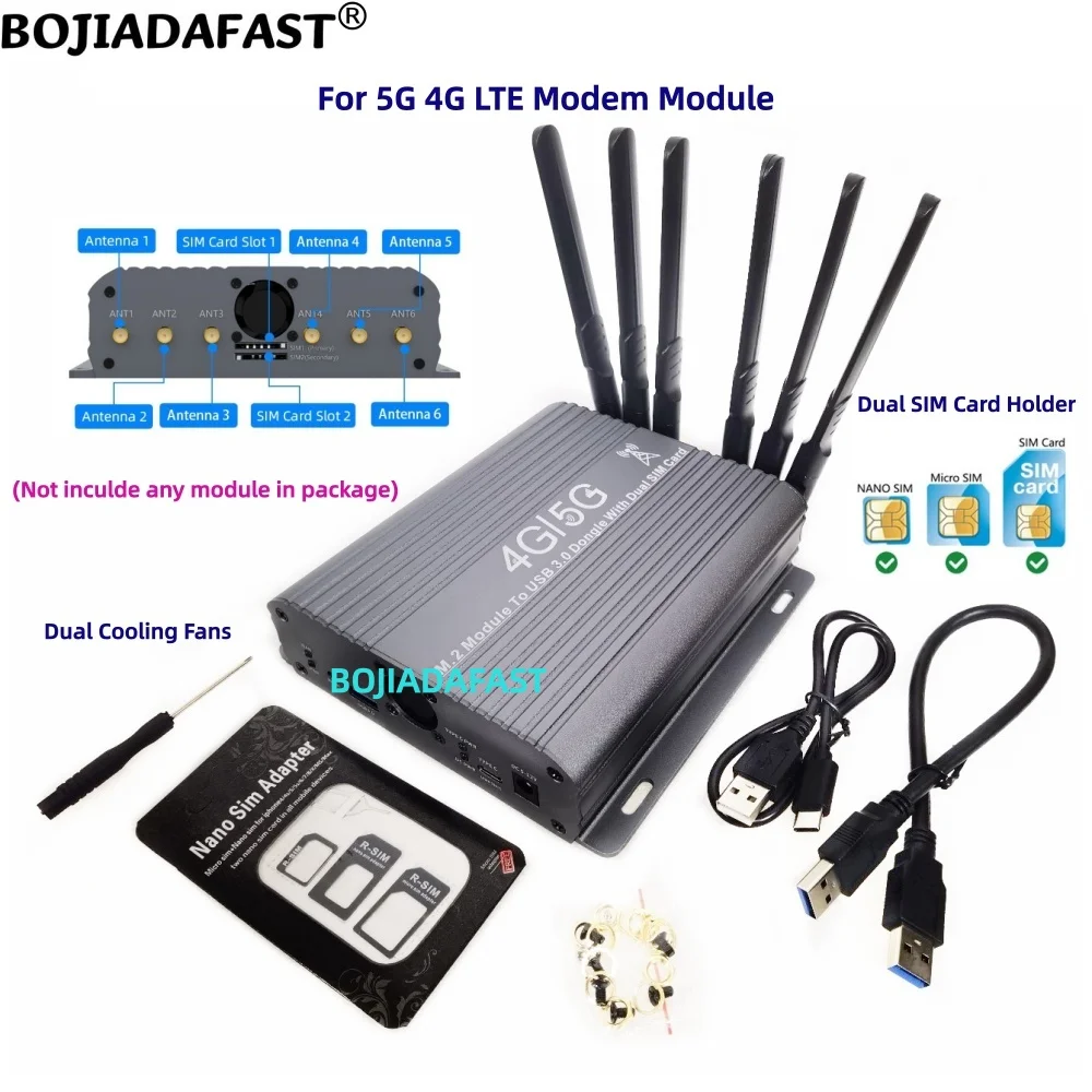 Разъем USB 3.0 Type-A для NGFF M.2 B Key Беспроводной модуль Адаптер 2 держателя SIM-карты 6 антенн Двойные вентиляторы для модема 5G 4G LTE
Разъем USB 3.0 Type-A для NGFF M.2 B Key Беспроводной модуль Адаптер 2 держателя SIM-карты 6 антенн Двойные вентиляторы для модема 5G 4G LTE