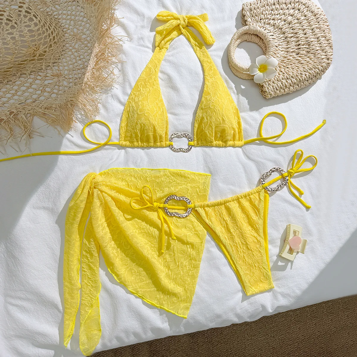 New 3 Pieces Padded String Bikini Set Swimsuit Women Yellow Swimwear with Sarong Skirts Dress Beach Wear Mesh Bathing Suit Pool
New 3 Pieces Padded String Bikini Set Swimsuit Women Yellow Swimwear with Sarong Skirts Dress Beach Wear Mesh Bathing Suit Pool