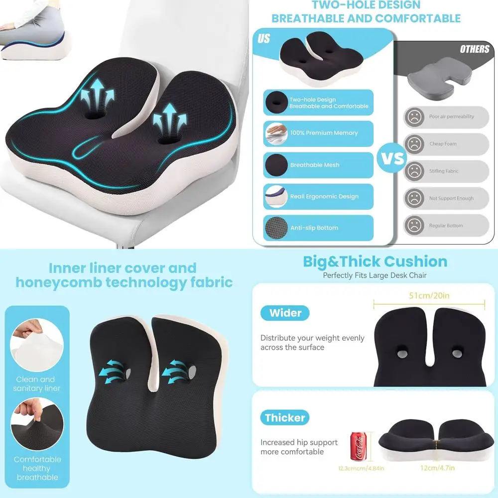 Memory Foam Seat Cushion for Ergonomic Comfort, Relieves Sciatica and Pain, Ideal for Desks, Cars, Gaming, and Wheelchairs
Memory Foam Seat Cushion for Ergonomic Comfort, Relieves Sciatica and Pain, Ideal for Desks, Cars, Gaming, and Wheelchairs