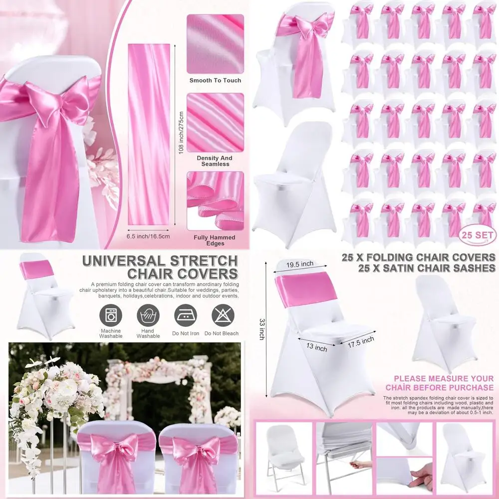 50 Pack Folding Chair Covers with 25 Spandex Slipcovers and 25 Satin Bows for Weddings and Events (White, Pink)
50 Pack Folding Chair Covers with 25 Spandex Slipcovers and 25 Satin Bows for Weddings and Events (White, Pink)