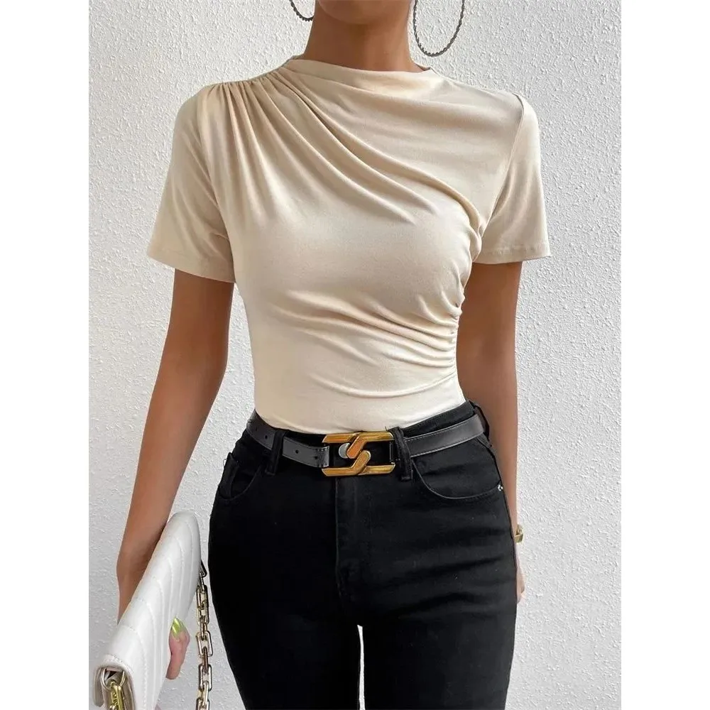 Women's ort Sve Pleated T-irt Summer Casual Slim Fit Comfortable Breathable Faionable Cotton Top for Ladies 
Women's ort Sve Pleated T-irt Summer Casual Slim Fit Comfortable Breathable Faionable Cotton Top for Ladies