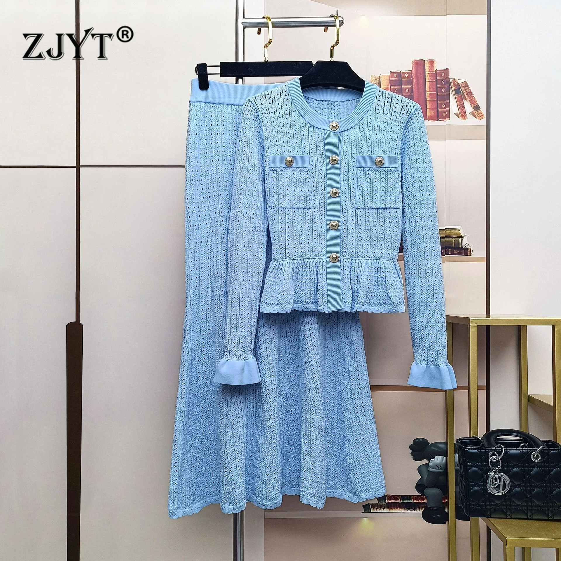 ZJYT Women's Knitted Dress Set 2 Piece Autumn Winter New Flare Sleeve Sweater and Long Skirt Suit Elegant Female Outfit Blue
ZJYT Women's Knitted Dress Set 2 Piece Autumn Winter New Flare Sleeve Sweater and Long Skirt Suit Elegant Female Outfit Blue