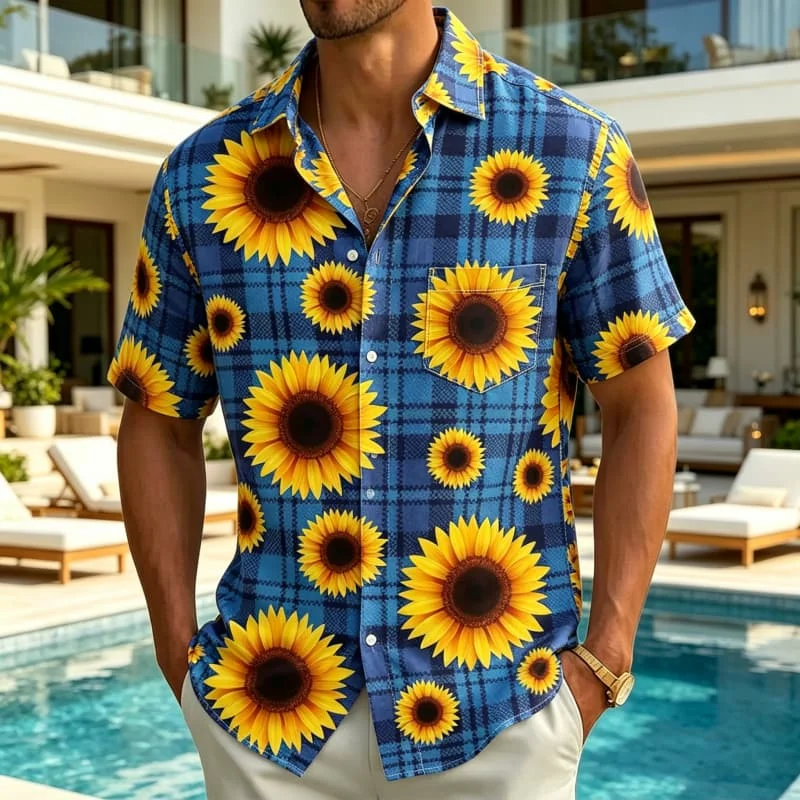 Men's Sunflower Print Vacation shirt, Short Sleeved Shirt With pockets, For Outdoor Activities And Romantic Floral aesthetics.
Men's Sunflower Print Vacation shirt, Short Sleeved Shirt With pockets, For Outdoor Activities And Romantic Floral aesthetics.
