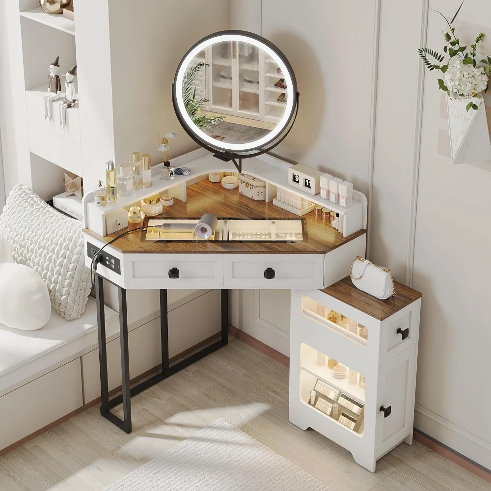 Corner Vanity Desk with Mirror and Lights, Modern Makeup Vanity with Charging Station & Human Sensor Light
Corner Vanity Desk with Mirror and Lights, Modern Makeup Vanity with Charging Station & Human Sensor Light