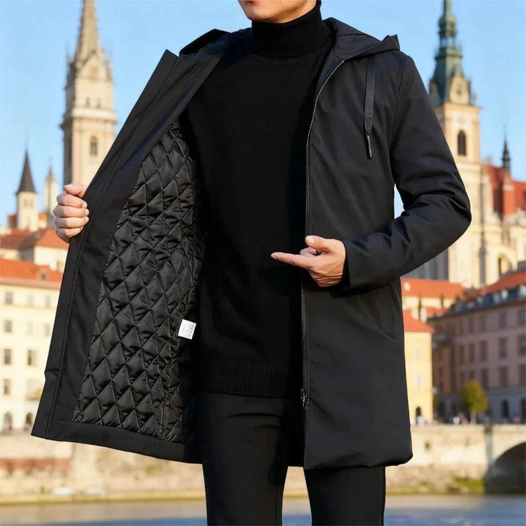 Men's Insulated Parka with - Mid-Length Winter Trench Coat in Solid Colors for Casual Wear
Men's Insulated Parka with - Mid-Length Winter Trench Coat in Solid Colors for Casual Wear