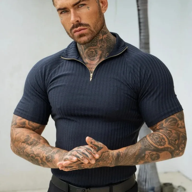 Men's striped lapel slim fit multi-color stand up collar sports casual short sleeved zipper T-shirt
Men's striped lapel slim fit multi-color stand up collar sports casual short sleeved zipper T-shirt