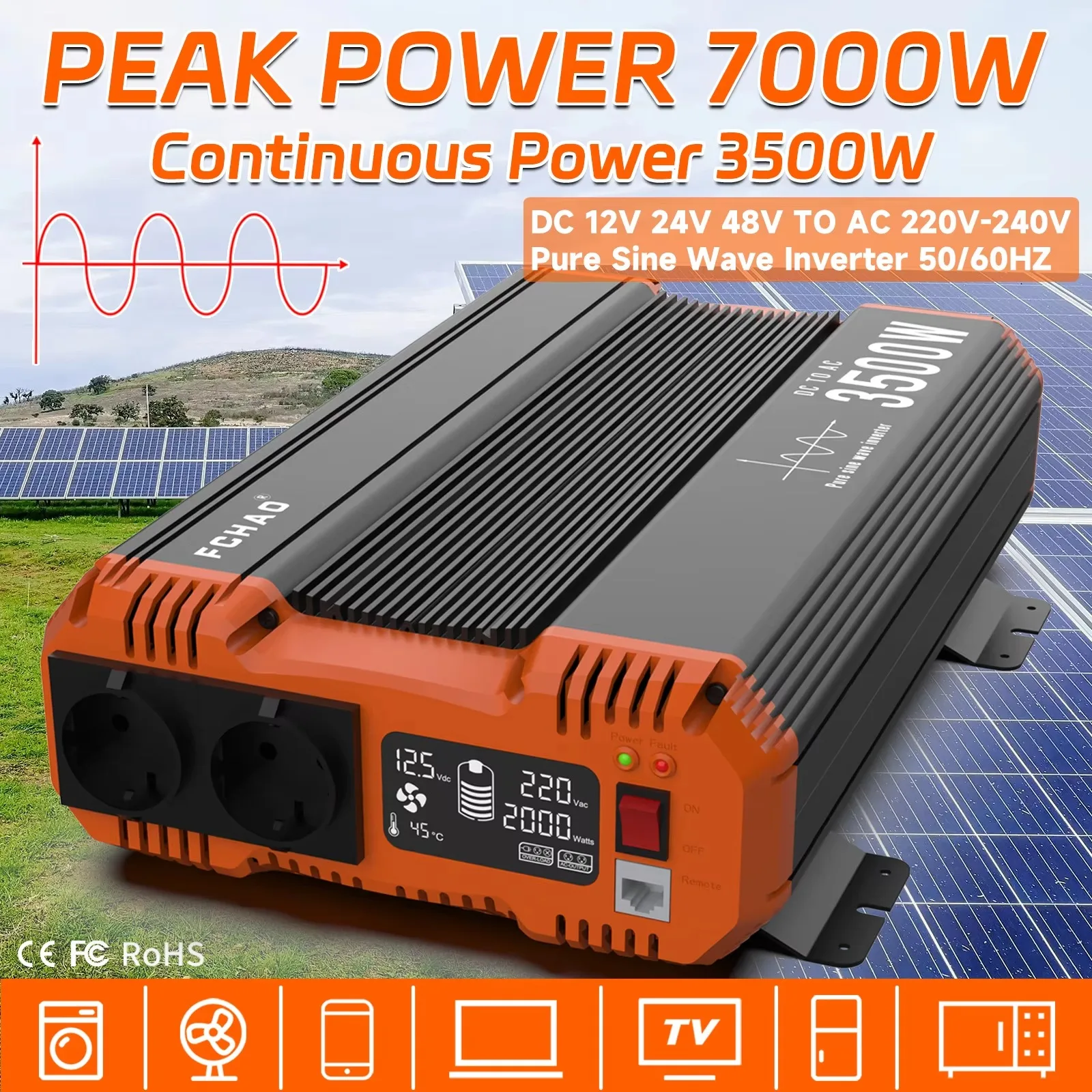 FCHAO 7000W Pure Sine Wave Power Inverter, DC 12V/24V/48V to AC 220V/230V, 50Hz, 3500W Continuous Output, for Home,RV,Off-Grid
FCHAO 7000W Pure Sine Wave Power Inverter, DC 12V/24V/48V to AC 220V/230V, 50Hz, 3500W Continuous Output, for Home,RV,Off-Grid