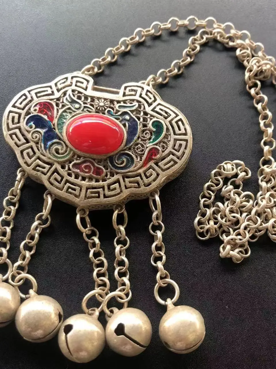 Vintage Ethnic Miao & Tibetan Silver Openwork Pendant Necklace, Inlaid Cloisonne, Long Sweater Chain
Vintage Ethnic Miao & Tibetan Silver Openwork Pendant Necklace, Inlaid Cloisonne, Long Sweater Chain