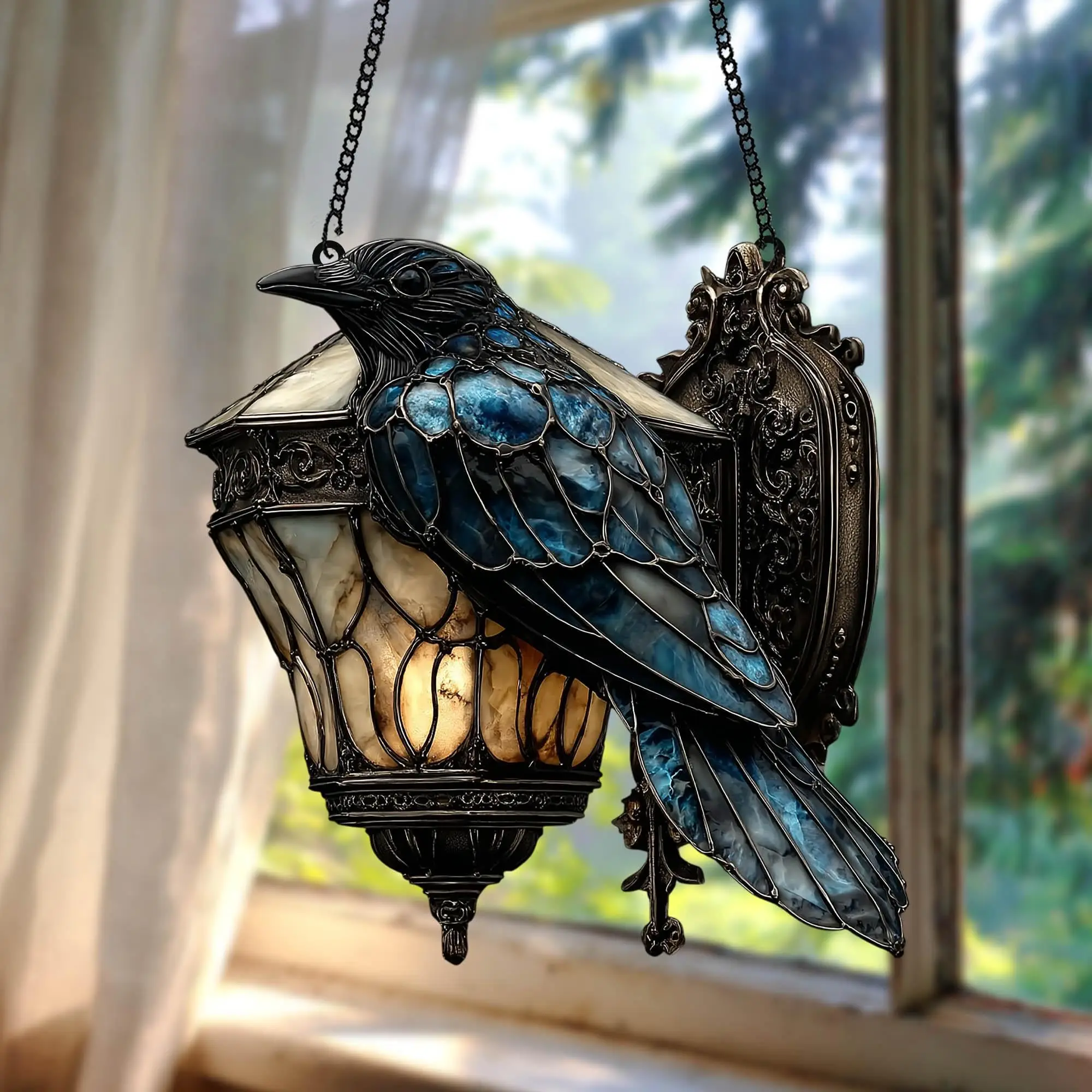 Halloween Crow Decor Decorative Gothic Raven Decor Raven On Lantern Sun Catcher Prismatic Faux Stained Glass Window Hanging
Halloween Crow Decor Decorative Gothic Raven Decor Raven On Lantern Sun Catcher Prismatic Faux Stained Glass Window Hanging