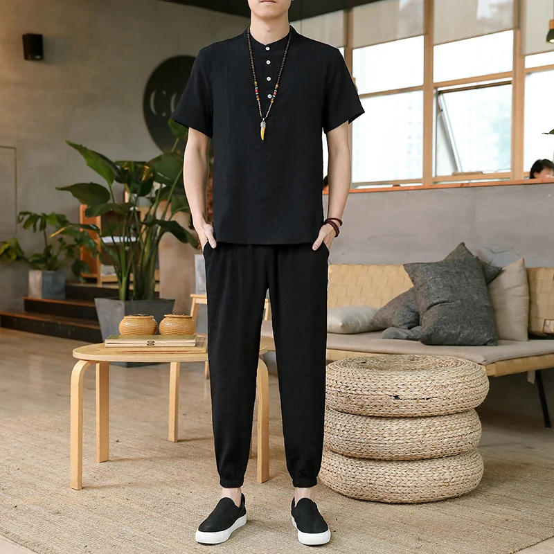 Summer Men Short-sleeved Suit Fashion Buttons Pullover Casual Sportswear Short-sleeved Shirt Trousers Two-piece Mensuit
Summer Men Short-sleeved Suit Fashion Buttons Pullover Casual Sportswear Short-sleeved Shirt Trousers Two-piece Mensuit