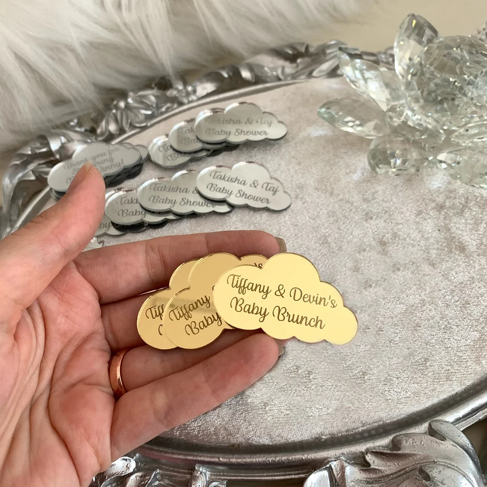 50pcs Personalized Engraved Name Logo Acrylic Gold/Silver Mirror Cloud Tags, Custom Baby Shower Wedding Party Table Decoration
50pcs Personalized Engraved Name Logo Acrylic Gold/Silver Mirror Cloud Tags, Custom Baby Shower Wedding Party Table Decoration